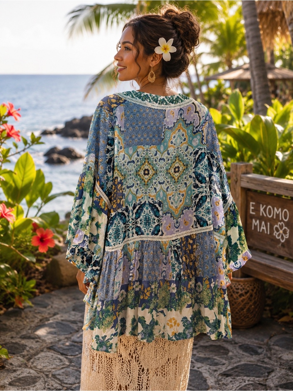 Altar'd State Floral Paisley Open Kimono - Blue, Green & Yellow Trim